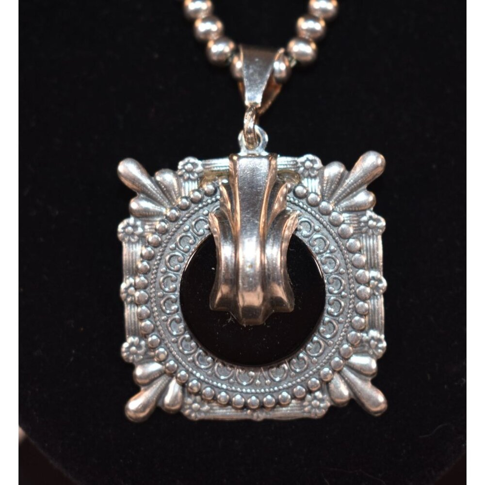 Vintage Navajo Sterling Silver Desert Beaded Necklace-Black Onyx Ornate Pendant